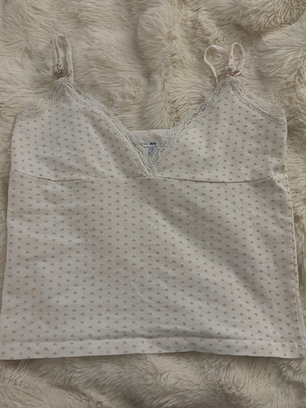 Brandy Melville White Lace-Trim Cami with Light Pink Heart Dots
